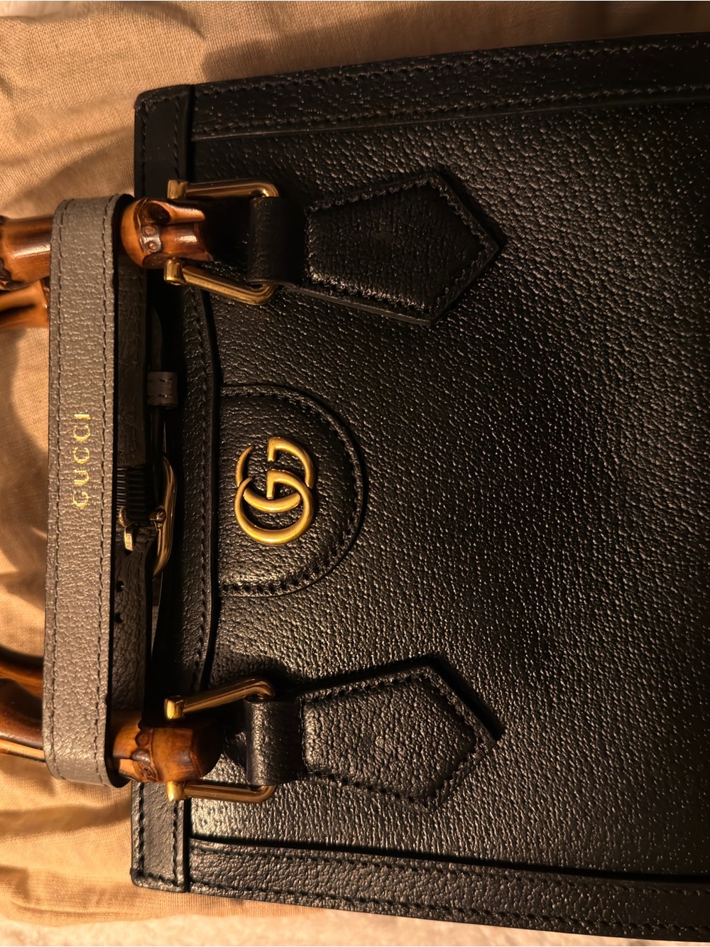 Gucci Black Leather Tote with Gold Double G and Bamboo Handles